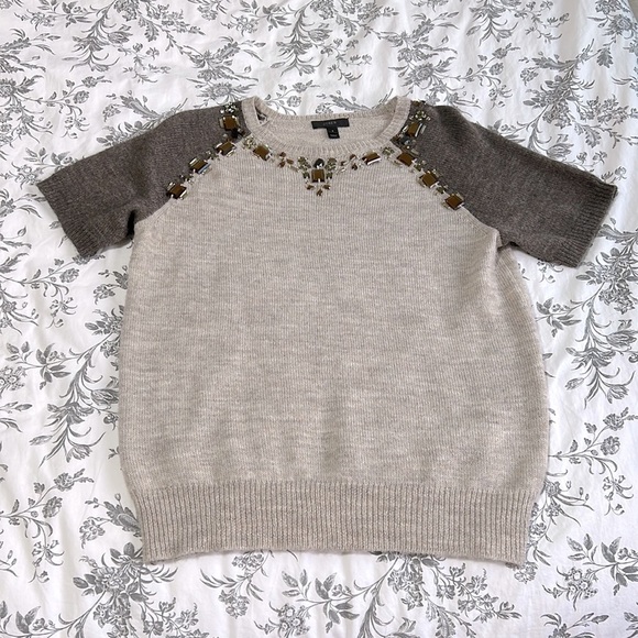 J Crew Brown/Beige Jeweled Short Sleeve Alpaca
Wool Blend Sweater - Picture 1 of 8